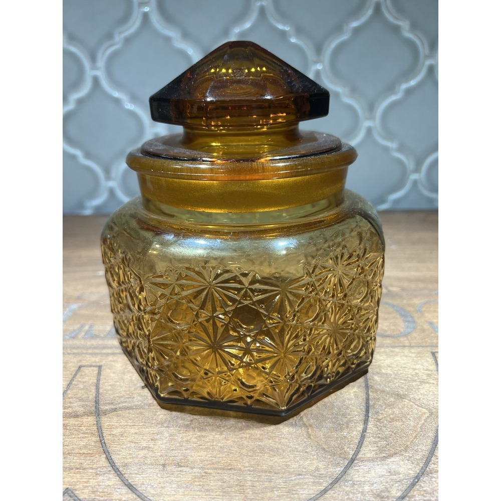 Vintage L.E. Smith‎ Daisy & Button Green Octagonal Canister Candy Dish Art Glass